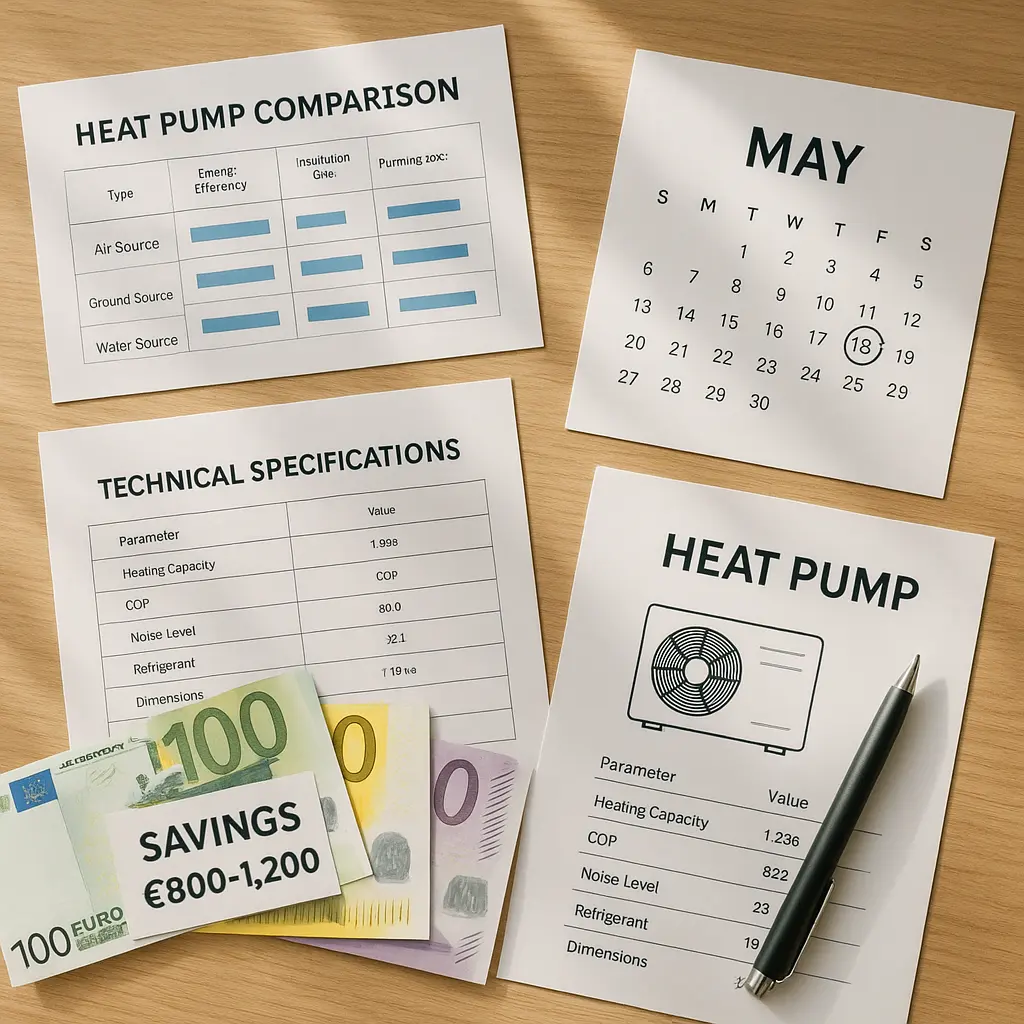 Heat pump purchasing documents and cost savings comparison laid out on a desk representing May buying advantages