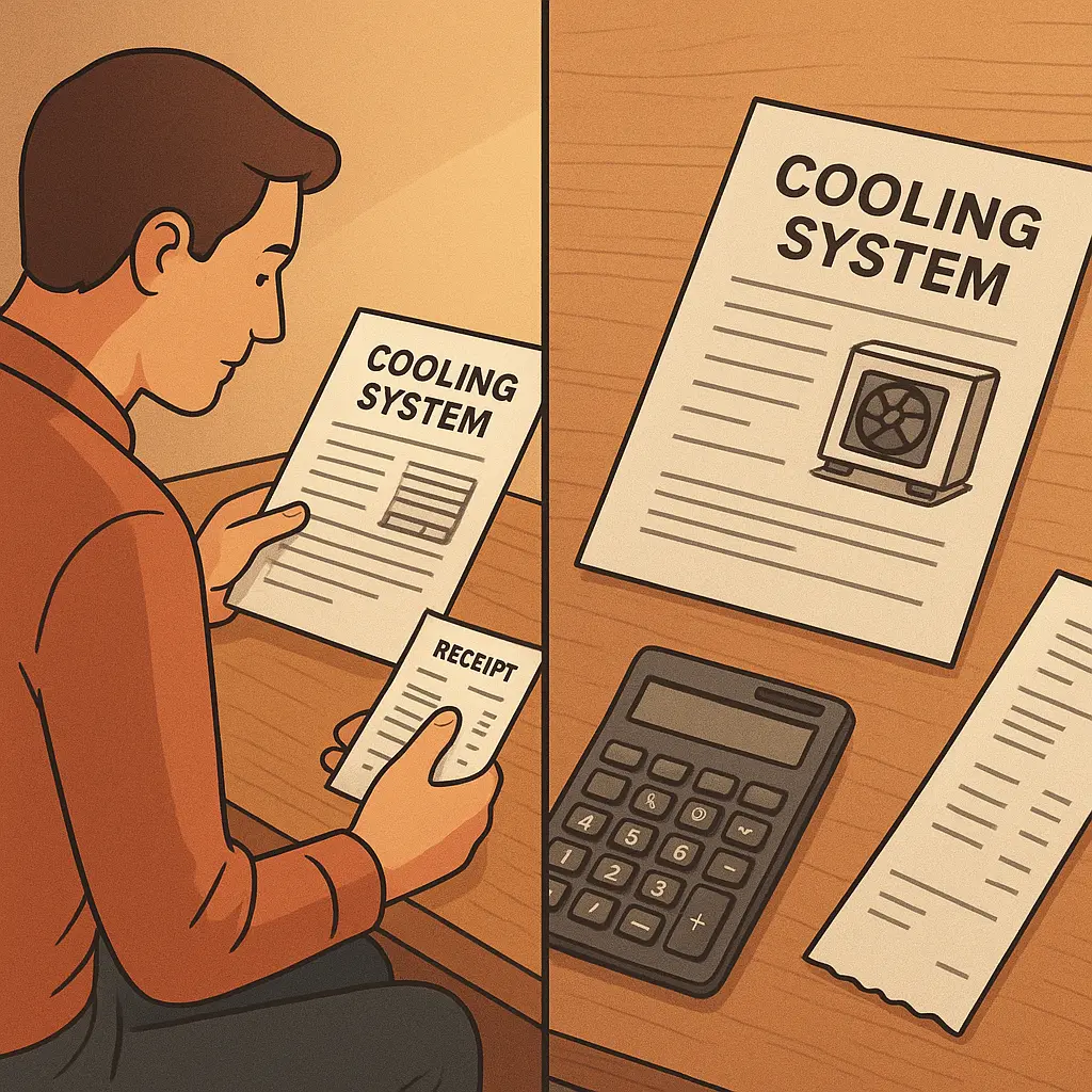 Homeowner reviewing air conditioning repair receipts and maintenance records at desk