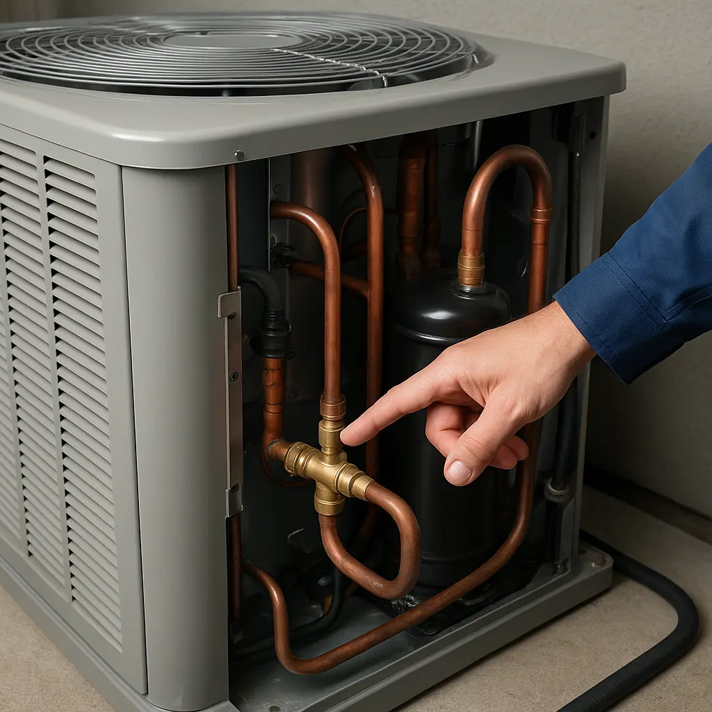 Technician inspecting outdoor air conditioning compressor unit components